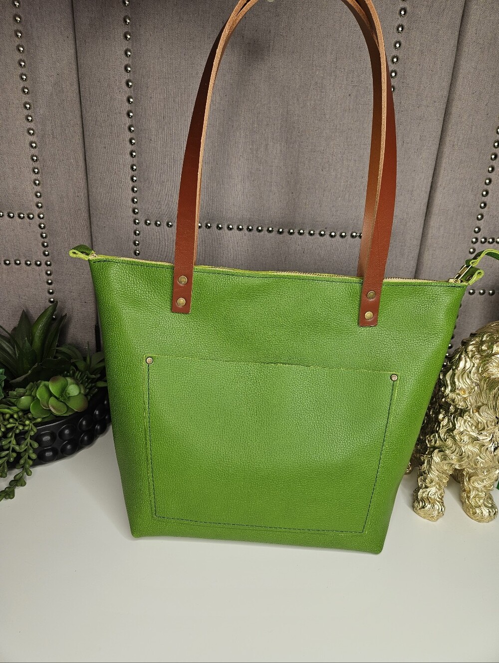 Portland Leather Goods Medium Zippered Leather Tote Mantis Green